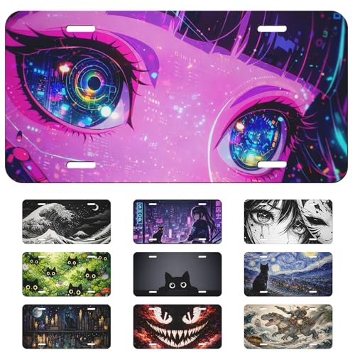 Anime Front License Plate Girl Eye Neon Tech Future Car Vanity Plates Decorative Aluminum Metal Cute Novelty License Plate Cover with 4 Holes for Men Women 6 X 12