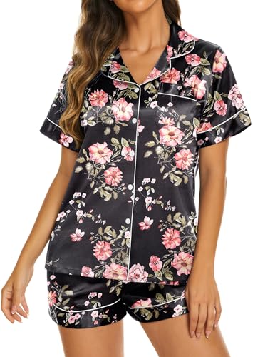 Image of Ekouaer Silk Pajamas for Women Short Sleeve Sleepwear Soft Button Down Loungewear 2 Piece Satin Pjs Shorts Set,Floral Black Pink,M