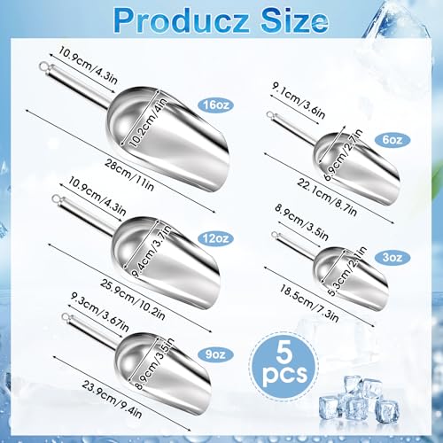 5 Pack 3/6/9/12/16 Ounce Stainless Steel Ice Scoop Set Metal Ice Scoop with Hanging Loop Kitchen Utility Scoops Set for Ices Cube/Coffee Bean/Popcorn/Dog Food