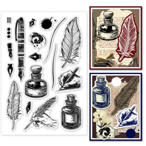 PH PandaHall Sellos transparentes de plumas de estilo retro para álbumes de recortes, estilo vintage, sellos de silicona transparente para hacer tarjetas, sellos de goma para manualidades, decoración