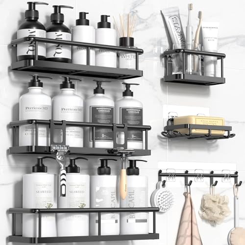 Lista de Estantes para ducha comprados en linea. 43 Juego 6 Piezas Organizador para Regadera, Estantes de Baño Autoadhesivos sin Taladro, Canastillas de Pared para Shampoo/Jabón, Metal Resistente, Uso Baño y Cocina (Negro mate,...