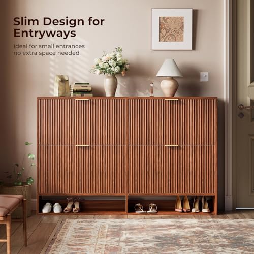 Image of Evermagin 47.2''W Walnut Shoe Cabinet Storage for Entryway, Fluted Slim Shoe Dresser with 4 Flip Drawers, Narrow Shoe Rack Cabinet, Hidden Shoe Organizer Cabinet for Entrance, Hallway
