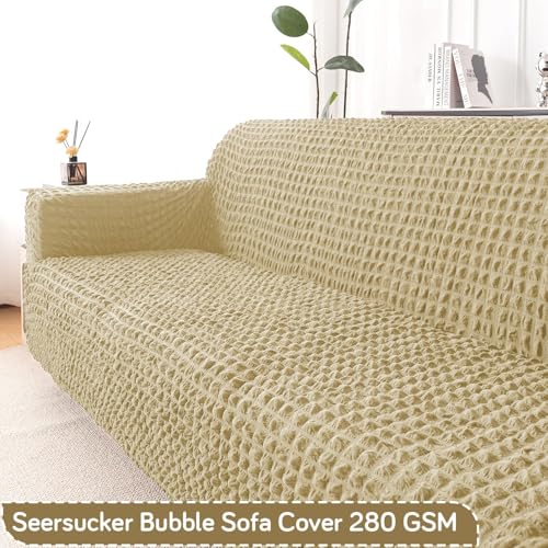 Image of HOKIPO 'Aria Nova' Elastic 280 GSM Stretchable 3 Seater Bubble Sofa Cover, Beige (NEW-AR-6210-BGE)
