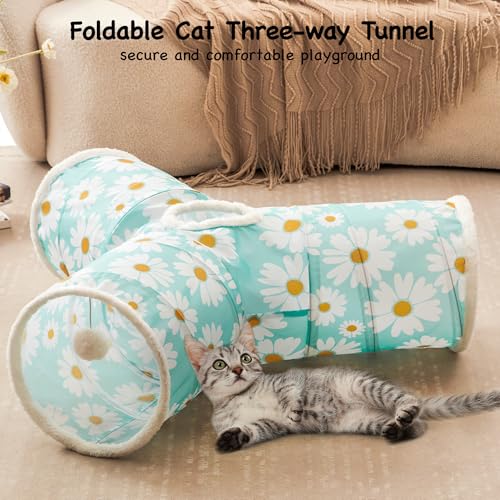 Image of Tempcore Cat Tunnel for Indoor Cats, 3 Way Collapsible Pet Play Tunnel with Teaser Wand, Peek Holes & Hanging Ball, Interactive Tube for Kittens & Rabbits, Daisy Blue Printed
