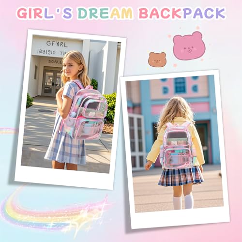 Pink Clear Backpack for Girls Heavy Duty Clear Bookbag, See Through Backpack for School, Stadium Events and Concert, Transparent Backpacks2