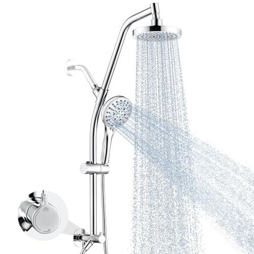 BRIGHT SHOWERS Rain Shower Head with Handheld Combo, Dual Shower System with Slide Bar, Rain Shower System, Adjustable Height, Brass Slide Bar & Diverter, 60 Inch Stainless Steel Hose, Chrome
