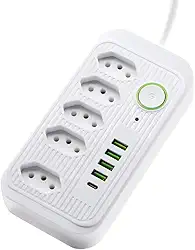 Filtro de Linha Bivolt 5 Tomadas, 4 USB, 1 USB-C, Cabo de 2m, 110-220V, Potência 2500W – Extensão e Régua de Energia para Casa e Escritório