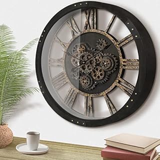 October Elf Large Wall Clocks for Living Room, 68cm Oversized Wall Clock with Real Moving Gears, Vintage Wooden Wall Clock for Kitchen, Bedroom, Home, Farmhouse, Rustic, Office, Cafe Decor