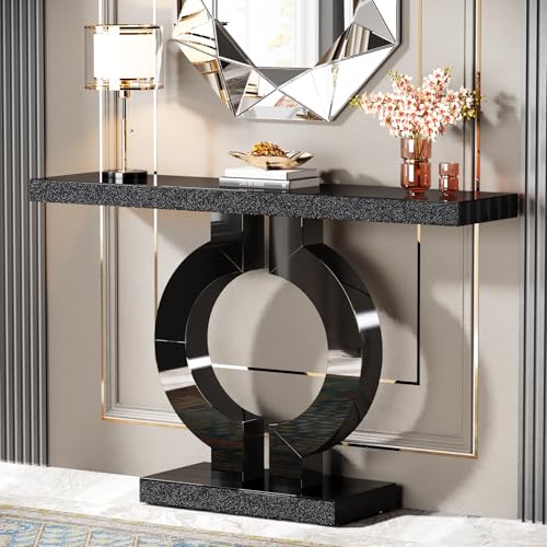 Tribesigns 43-Inch Mirrored Console Table with O-Shaped Base, Modern Entryway Table Glass Sofa Table with Mirror Finish, Rectangle Narrow Accent Foyer Table for Living Room Hallway Entrance (Black)