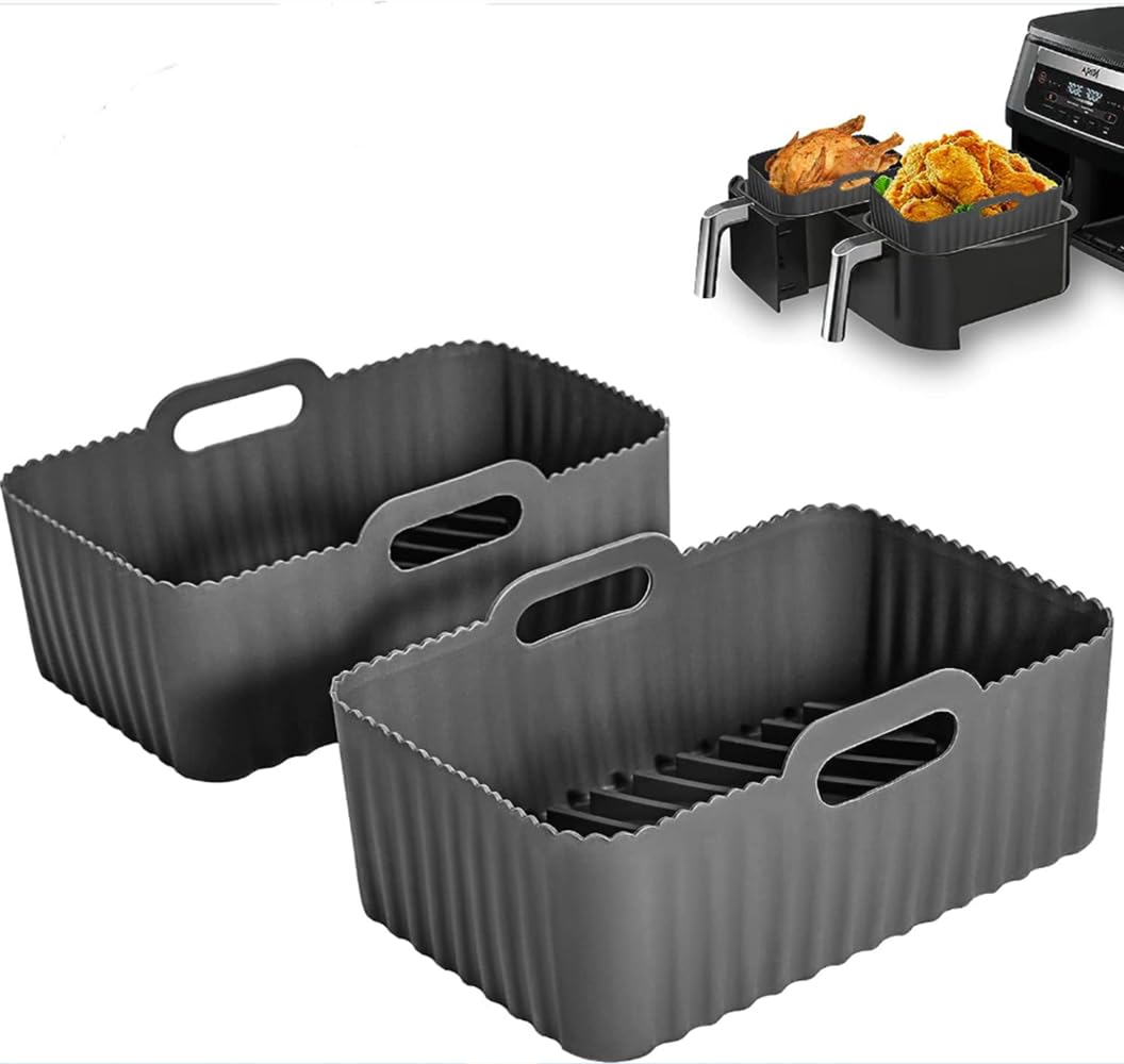 2 Pack Air Fryer Silicone Liners Reusable Air Fryer Silicone Pot Reusable Food Safe Non Stick Air Fryer Basket Accessories Replacement Baking Tray for Ninja Dual Dz201 DZ401 8QT Dualzone