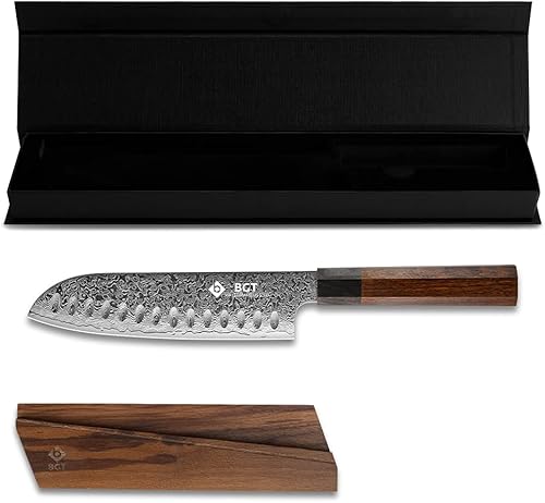 Vista 7 de BGT Cuchillo Santoku de 7 pulgadas, cuchillo de chef japonés afilado, cuchillo de cocina japonés VG10 de 67 capas de acero de Damasco con mango