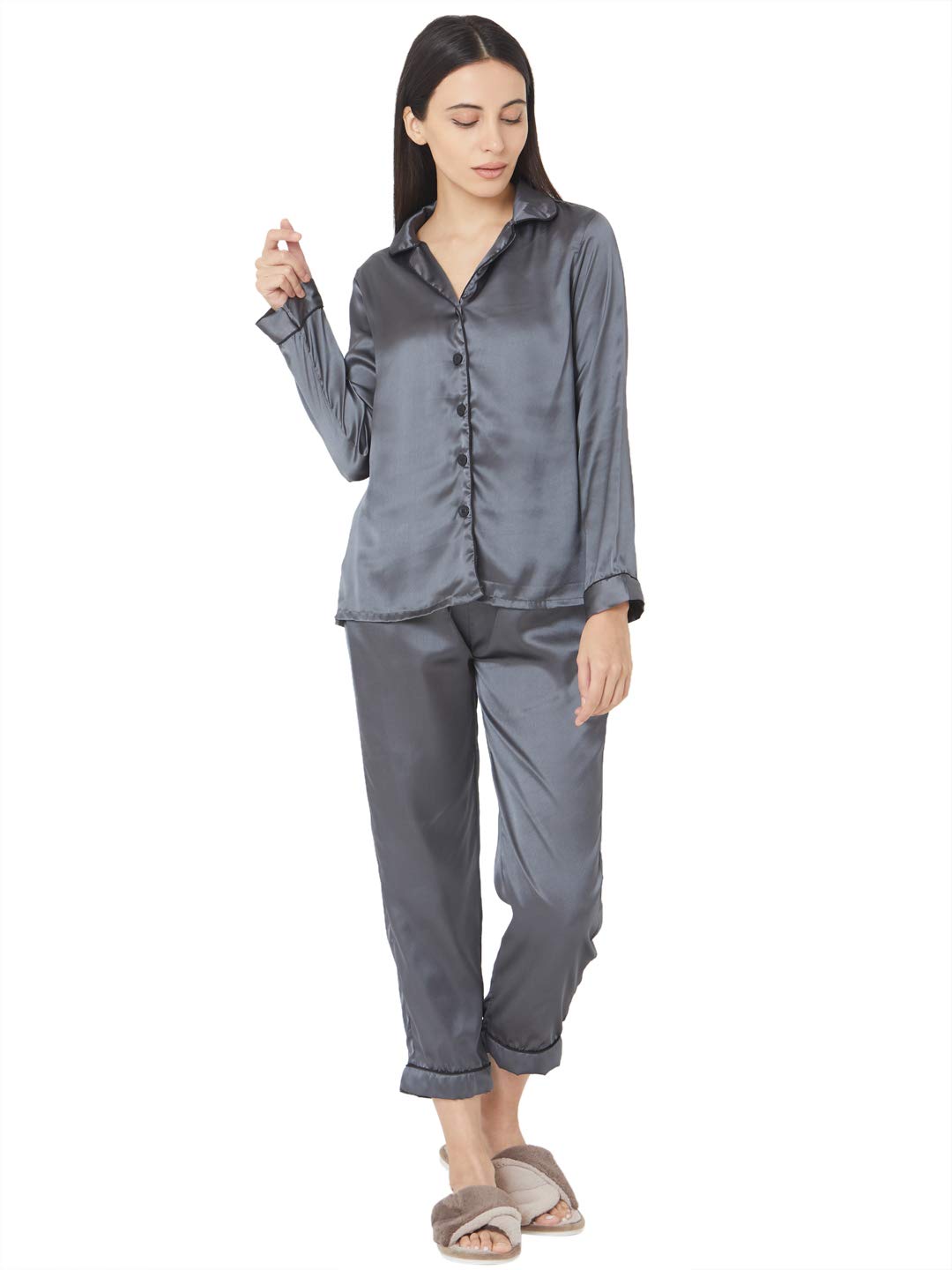 smarty pants Women's Silk Satin Dark Grey Night Suit-picture-21
