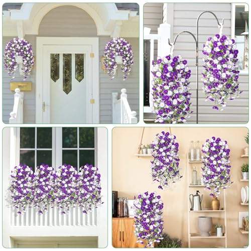 Image of Bassion 2 Packs Artificial Hanging Flowers for Outdoors, Mixed Purple