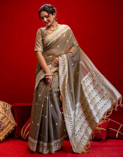 Image of SIRIL Women's Cotton Weaving Tassels Saree With Unstitched Blouse Piece