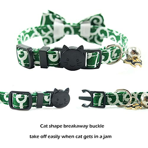 Image of Cat Collar Breakaway with Bell and Accessories, Printing Kitten Collar Bowtie for Kitty 10 Colors Adjustable 7.5-11in (Green Flower)