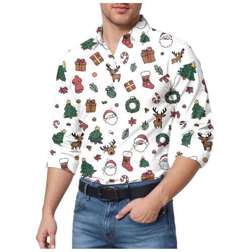 SHINEHUA Camisa natalícia homem padrão de pai Natal abotoadas para festas elegante com botões regular Fit disfarce natalício confortável decote em V t-shirt design de Natal camisa casual, Branco, XL