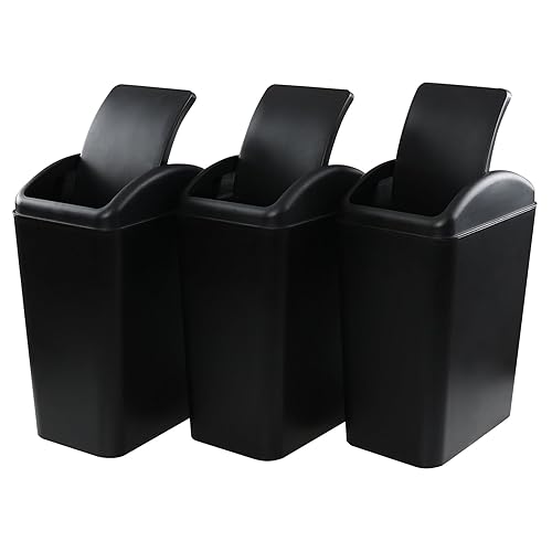 Asking Cubo de basura pequeño de 4.5 galones con tapa abatible, paquete de 3 cubos de basura de plástico giratorios, color negro