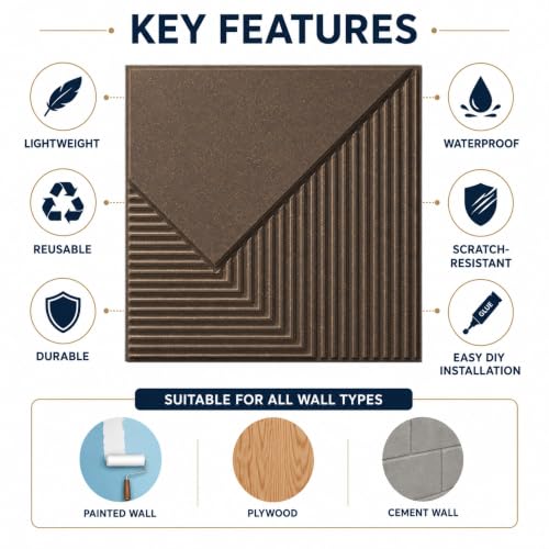 Image of Kayra Decor 3D PVC Wall Panels for Bedroom & Living Room | Plaina Design | Magnum Brown Color | 19.7 x 19.7 Inch | Pack of 40 | 107.6 Sq Ft