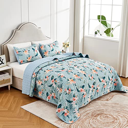 Beeweed Flower Quilt Set Queen Size 3 Pieces, Lightweight Microfiber Floral Bedspreads For All Season, Soft Summer Coverlet Set (1 Quilt, 2 Pillow Shams) #TOP1