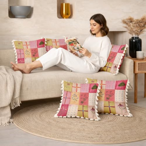 Image of STITCHNEST 'Little Meadow Series' Tassled Cushion Cover | Set of 2 | Floral Cushion Cover 16 inch x 16 inch