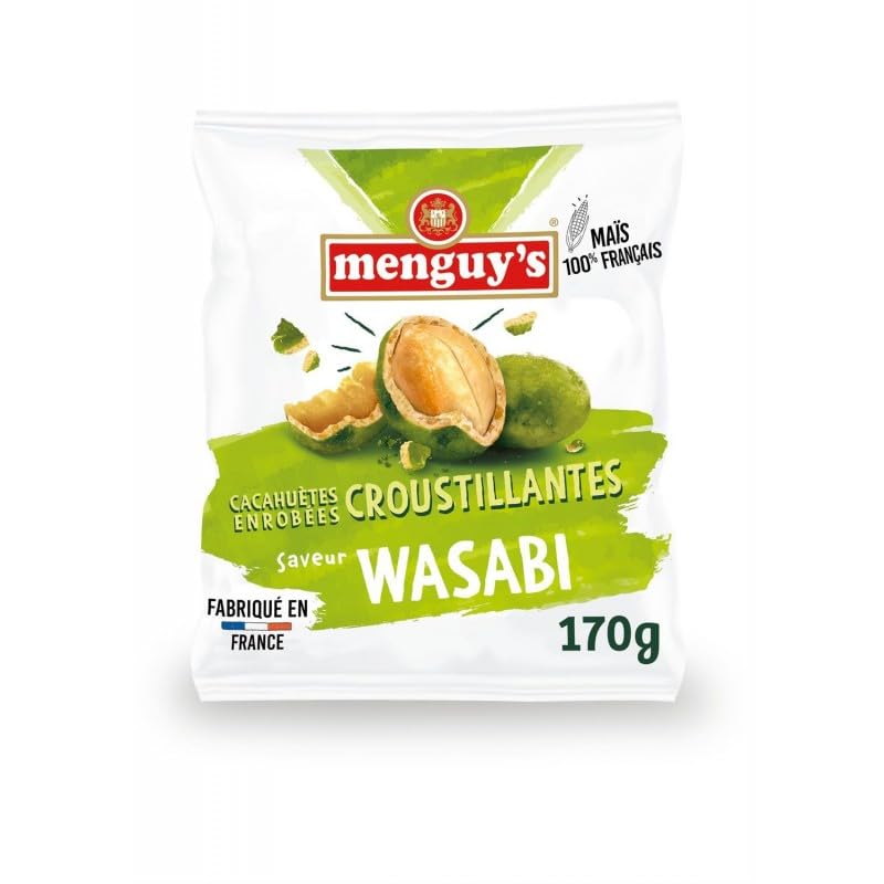 Éclatantes Cacahuètes Enrobées Wasabi 170g de Qualité Supérieure pour Régal Apéritif de la Marque MENGUY'S - Le Lot De 4