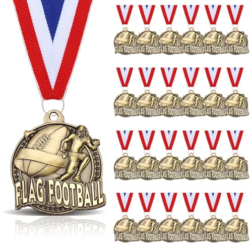 Cunno 24 Pcs Gold Medals Bulk 2 Inch Award Ribbons Sports Themed Metal Medal Trophy for Team Day Tournaments Birthday Party Winner Gifts(Flag Football)