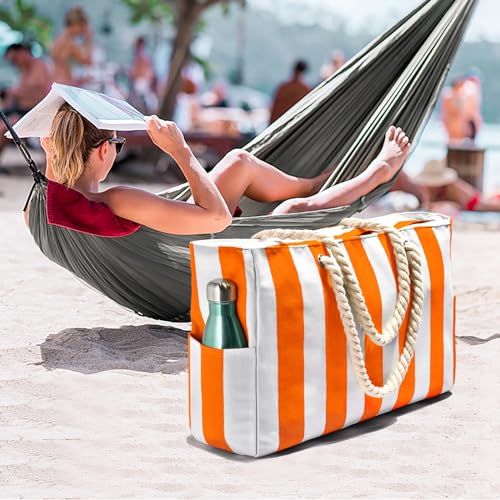 Image of Becokan Women's Pool Swim Bag - Waterproof Sandproof Large Stripe Beach Tote with Zipper