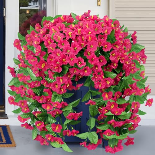 Image of Bassion 2 Pack Artificial Hanging Petunias Flowers for Outdoors, Rose Red | UV resistant, silk fake flowers, hanging morning glory trailing vines, porch garden spring summer planter decoration