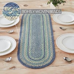 VHC Brands Jolie Farmhouse 12"x36" Table Runner Blue Textured Jute Striped Oval Kitchen Table Decor VHC Brands Jolie Farmhouse 12×36 Table Runner Blue Textured Jute Striped Oval Kitchen Table Decor