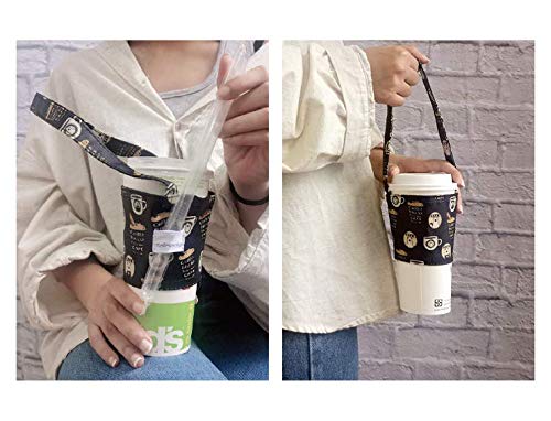Image of Portable Coffee & Boba Cup Sleeve Strap w /Straw Loop (Coffee Pattern Blue)
