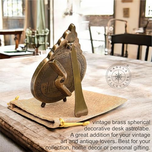 Hanzla Collection Brass Arabic Calendar Desk Astrolabe Maritime Navigational Astrological Globe With Stand & Jute Bag Nautical Home Decor Replica