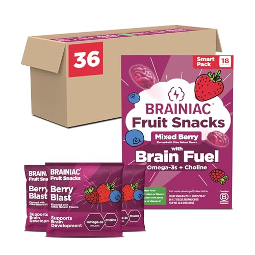 Brainiac Fruit Snacks, Mixed Berry, Brain Boosting Patented BrainPack Ingredients with Omega-3s DHA/EPA and Choline, Functional and Nutritious Snacks, 36ct