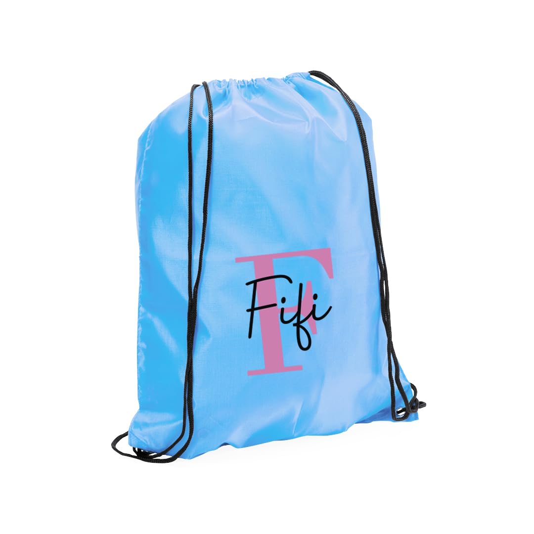 eBuyGB Personalised Drawstring Bag with Initial & Name, Monogrammed Kids Backpack, Gym Rucksack, School Sport Bag, Children's PE Kit (Light Blue)