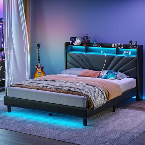 Image of Rolanstar Queen Size Bed Frame, Storage Headboard with Charging Station and LED Lights, Upholstered Bed with Heavy Duty Wood Slats, No Box Spring Needed, Noise Free, Easy Assembly, Black