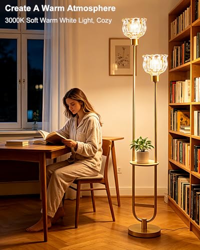 Image of Lightdot 2-Lights Modern Glass Floor Lamp with Table Gold Standing Tall Lamps with Amber Glass Shade, Flower Floor Lamp with Foot Switch for Living Room Bedroom Home Decor (Bulbs Included)