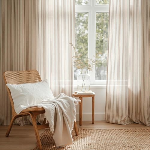 Image of MYSKY HOME Taupe Striped Linen Curtains 84 Inches Long Light Filtering Neutral Curtains for Bedroom Living Room Farmhouse Rustic Cottage Core Tan Ticking Patterned, Grommet, 2 Panels, 52 inch Wide