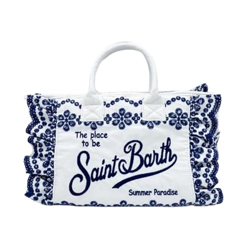 Saint Barth MC2 BORSA COLETTE VOLANT SANGALLO FLOWER DENIM BIANCO