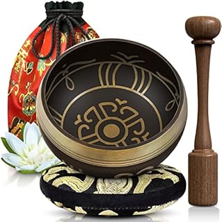Tibetan Singing Bowl Set ~ Easy to Play ~ Creates Beautiful Sound for Holistic Healing, Stress Relief, Meditation & Relaxation ~ Antique Brown Bowl with Red Bag