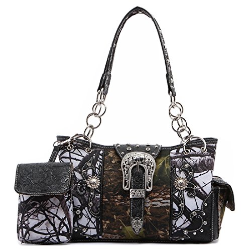 Western Style Camouflage Purse Concho Buckle Tooled Floral Country Studs Crossbody Women Handbag Shoulder Bag Wallet Set2