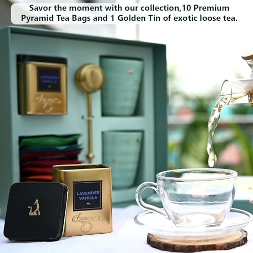 Image of Chayam Premium Diwali Gift Hamper | Pack of 12 | 10 Assorted Tea Bags, Lavender Vanilla Tea 30g, 2 Premium Kulhad Cups & Brass Tea Infuser | Diwali Gift Pack | Diwali Tea Gift Set | Gift for Health