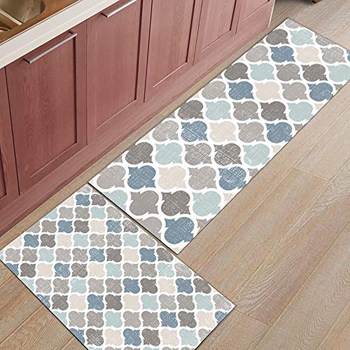 Farmhouse Kitchen Rugs and Mats 2 PCS Set, Moroccan Boho Blue Grey Geometric Plaid Kitchen Rugs and Mats Non Skid Absorbent Kitchen Organization Washable Home Decor for Kitchen, Bathroom - Image 3