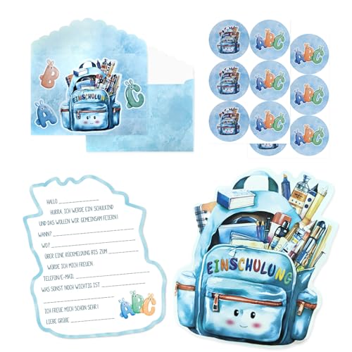 12 x Einschulung Einladungskarten Junge Blau Einschulung Karten mit Umschlägen Aufkleber Einladung Skarte im süßem Schultaschen-Design Einladung einschulungs Schulanfang Einladungen für Junge Mädchen