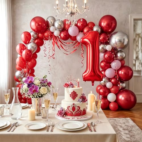 Image of Number Balloons Red Party Balloon - 40 Inch Large Number 1 Balloon, Numbers Balloon Birthday Decorations, Red Party Supplies for Anniversary