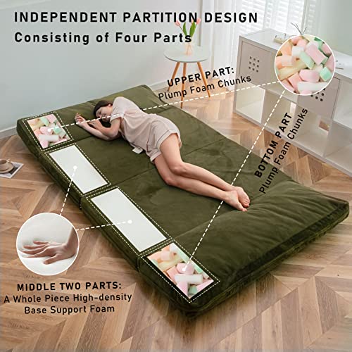 Maxyoyo Bean Bag Bed Folding Sofa Bed Floor Mattress For Adults, Extra Thick And Long Faux Fur Floor Sofa With Washable Cover, Single Size Floor Bed Trifold Mattress, Olive Green, 54X95 Inch #TOP2