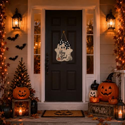 Image of Halloween Party Decorations - Hey Boo Wooden Ghost Sign for Front Door | Cute Ghost Halloween Garland Wood Wreaths Door Sign Decor- Halloween Party Favors Supplies for Home Wall Decor