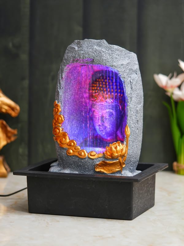 Image of Polyresin Tabletop Grey Meditating Buddha Sitting in Cave Style Indoor Front Curtain Waterfall Fountain for Home Decor with LED Light, Speed Controller Pump (Size: 40 x 22 x 29.5CM)