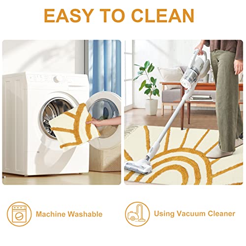 OJIA Boho Living Room Rug 5'x8', Large Washable Area Rugs Soft Tufted Bedroom Nursery Rug, Cotton Woven Beige Floor Carpet for Dorm/Kids Room/Dining Room/Office