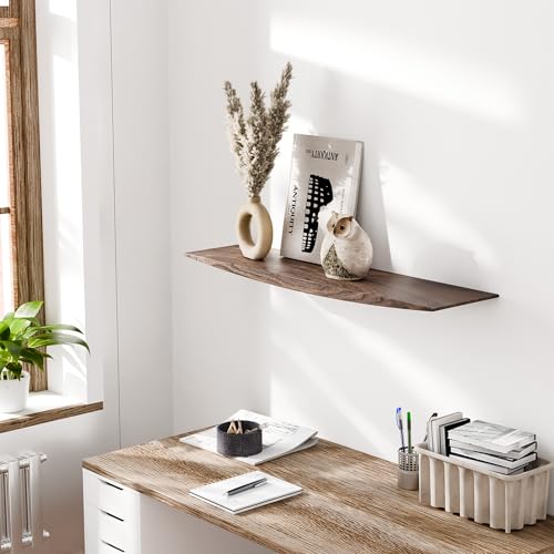 Image of 24'' Black Walnut Floating Shelves - 6 Inch Deep Solid Wood Floating Shelf for Wall, Rustic Zen TV Shelf Wall Mounted, Live Edge Shelf with Invisible Brackets for Living Room, Bedroom, Kitchen.