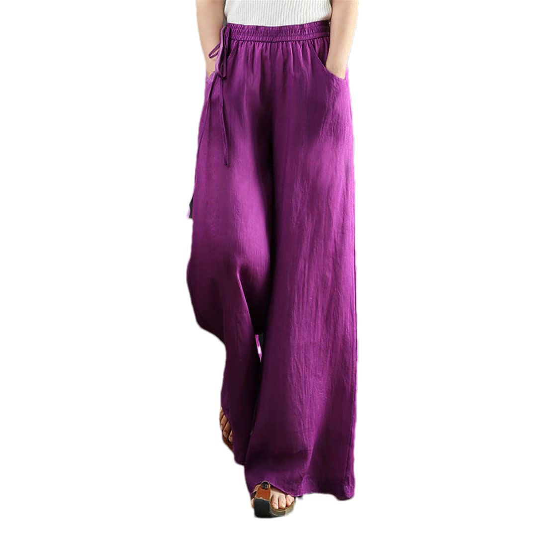 Hdhdeueh Womens Retro Elastic Waist Wide Leg Pants Bohemian Loose Pants