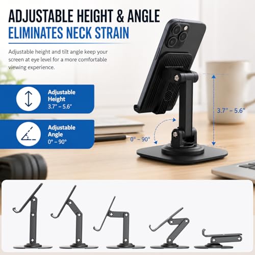 Image of Sounce 360 Rotatable Foldable Mobile Phone Holder | Adjustable Height Desk Stand with Metallic Base & Anti-Skid Pad | Compatible with All Smartphones, Tabletop, Tablets, iPad, Kindle (Black)